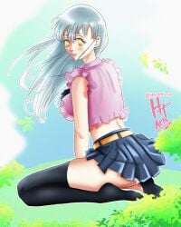 1girls big_ass big_breasts colored elizabeth_liones herothiccsan highres light-blue_hair light-skinned_female light_skin lipstick mokushiroku_no_yonkishi nanatsu_no_taizai orange_eyes panties pink_panties pink_shirt skirt socks solo the_seven_deadly_sins