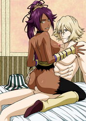 1boy 1girls anal areola ass back bare_shoulders bed big_breasts bleach breasts cowgirl_position dark-skinned_female dark_skin hair_up hat hips interracial kisuke_urahara kneeling long_hair looking_at_viewer looking_back nagano_tenzen nipples no_bra no_panties on_top purple_hair round_ass sex shihouin_yoruichi shoes sitting straddle straight tenzen thighhighs thighs torn_clothes uncensored y_shaped_butt_crack yellow_eyes