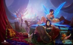 allods allods_online artist_request ass bed bedroom blue_wings booty bra brown_hair butt diadem earring earrings elf elf_ears elf_female elf_girl fae faerie fairy fairy_wings female_only fey food glowing_eyes glowing_wings lingerie panties pillow pillows pixie pixie_wings pointed_ears pointy_ears ring ring_(jewelry) underwear wine wine_glass yuri