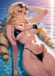 1girl 2026 ai_generated anime arm_up bangs bare_shoulders bikini black_bikini blonde_hair blue_eyes blush boobs breasts cleavage closed_mouth collarbone crossover drill_hair earrings eyewear_on_head female female_focus flushed genshin_impact glint highleg highleg_bikini highres hoyoverse huge_breasts jewelry large_breasts lips long_hair looking_away lying midriff mihoyo navel navia_(genshin_impact) necklace neutral_expression nsfw on_back partially_submerged patreon patreon_username rognezart skindentation solo stomach string_bikini sunglasses swimsuit thick_thighs thighs very_long_hair water watermark web_address wet