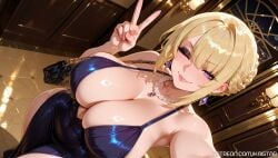 1girls ai_generated big_boobs big_breasts blonde blonde_hair boobs breasts dress elegant_dress evelyn_chevalier female female_focus female_only from_above handbag high_resolution highres hoyoverse huge_boobs huge_breasts kaistar large_boobs large_breasts looking_at_viewer mature mature_female mihoyo milf mommy patreon peace_sign selfie smile smiling solo solo_female solo_focus zenless_zone_zero