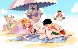asleep bathing bathing_suit beach bikini bikini_bottom bikini_top black_hair blush blushing butt butt_cheeks butt_grab cake color colored colour coloured comedic devil_fruit_power dream dreaming dubious_consent eating_ass eating_cake female/male flustered food funny funny_face ginger ginger_hair kissing kissing_ass kissing_butt kissing_cheek male/female monkey_d_luffy mouth_on_ass mouth_on_butt multiple_arms nami nami_(one_piece) nico_robin one_piece orange_hair post-timeskip shorts sleeping straight sunbathing sunglasses sunglasses_on_face swimming_trunks tattoo tony_tony_chopper unaware unintentional zantinaa