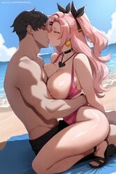 1boy 1girl ai_generated bangs beach bikini black_hair blush breasts choker day french_kiss green_eyes hair_ornament hairclip hetero hi_res high_quality high_resolution jewelry kiss large_breasts long_hair manly nicole_demara nipples ocean patreon pink_hair seductive sexy sky swimsuit thighs uncensored watermark zenless_zone_zero