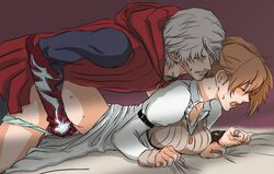 1boy 1girls bed closed_eyes couple devil_may_cry devil_may_cry_4 dress female from_behind grey_hair kyrie_(devil_may_cry) male natsu_yasai nero_(devil_may_cry) open_mouth orange_hair panties panties_aside sex short_hair straight sweat