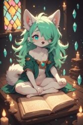 ai_generated anthro bare_shoulders blue_eyes crossed_legs female furry green_eyes hair_over_one_eye magic mostly_nude pussy robe sitting white_hair wolf young
