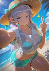 1girls :< ai_generated arched_back beach belly belly_button belly_exposed bikini_visible_through_clothes bra_strap_slip bra_visible_through_clothes cyan_shorts dolphin_shorts dug-lith-pls earrings elf flipping_off frieren frieren_beyond_journey's_end fuck_you green_eyes long_hair middle_finger midriff midriff_showing navel pointy_ears selfie shiny_skin side-tie_clothing side-tie_shirt small_breasts solo solo_female solo_focus sousou_no_frieren sparkles stomach stomach_exposed straw_hat tagme thick_thighs twintails white_hair white_shirt