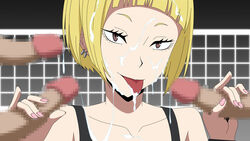 blonde_hair brown_eyes censored collarbone cum cum_on_hair dark-skinned_male double_handjob earrings erection facial female gangbang haikyuu!! handjob highres looking_at_viewer mosaic_censoring nail_polish penis pink_nails short_hair simple_background sleeveless smile solo_focus tanaka_saeko_(haikyuu!!) tongue tongue_out upper_body volleyball_net