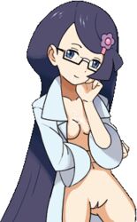 bare_midriff blue_eyes blue_hair blush bottomless breasts coat color cum cum_in_mouth cum_on_breasts dreamworld female female_only fennel_(pokemon) glasses hairclip human labcoat long_hair looking_at_viewer midnightspook navel nude photoshop pokemon pokemon_bw smiling solo transparent_background underboob vulva