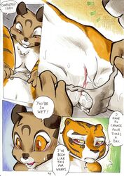 anthro better_late_than_never breasts comic daigaijin english_text feline female fur furry kung_fu_panda master_tigress mei_ling page_44 panties pussy pussy_juice red_eyes stripes tiger underwear undressing yellow_eyes yuri