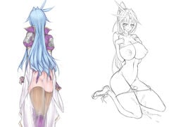 ass blue_hair blush breasts cum dress female_kuja final_fantasy final_fantasy_ix futanari intersex jiz kuja large_breasts long_hair monochrome nipples panties penis rule_63 see-through sheer thighhighs underwear