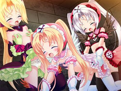 2boys 3boys anal angel_wings black_legwear blonde_hair blue_eyes blush brush censored cum cum_while_penetrated demon_girl ejaculation erection female game_cg gloves group_sex happy heart long_hair lying magical_girl mahou_shoujo_artelion mizuki_kotora mosaic_censoring multiple_boys nipples on_back on_bed open_mouth panties peeing penis projectile_cum purple_eyes sex silver_hair stain tear testicles thighhighs threesome trap trap_on_trap underwear white_legwear wings yaoi