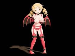 3d animated blonde_hair bondage boots breast_hold breasts breasts_out censored collar crotchless_panties devil female female_only garter_belt garter_straps garters human latex mahou_shoujo_madoka_magica nipples oppai red seismic solo thighhighs tied_hair tomoe_mami twintails wings yellow_eyes