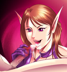 brown_hair censored character_request copyright_request cum cum_in_mouth cute_fang kisirian pointy_ears purple_eyes