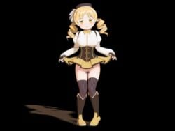 3d animated blonde_hair boots breasts censored corset female female_only human legwear mahou_shoujo_madoka_magica no_panties oppai seismic skirt skirt_lift solo stockings thighhighs tied_hair tomoe_mami twintails yellow_eyes