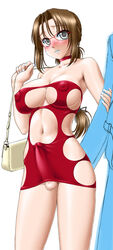 1futa areola armpit_hair balls baran_(artist) blush breasts cameltail choker cleavage curvy dress erect_nipples erection erection_under_clothes erection_under_skirt futa_only futanari glasses highres huge_breasts human intersex lipstick nipple_bulge nipples no_bra no_panties penis penis_under_clothes penis_under_skirt purse skin_tight skirt skirt_lift solo_focus tenting