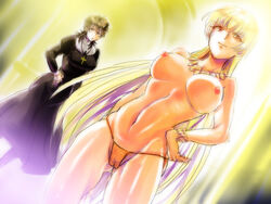 blonde_hair bracelet breasts brown_eyes brown_hair cameltoe cassock cross fate/stay_night fate/zero fate_(series) gilgamesh gilgamesh-ko habit hand_on_hip jewelry kirei_kotomine labia large_breasts long_hair multiple_girls necklace nipples orange_panties panties red_eyes rinoko rule_63 string_panties topless type-moon underwear