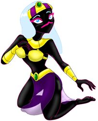 alien black_skin blue_eyes clothes curvy duck_dodgers female female_only kneeling martian martian_(duck_dodgers) moonbeamcat pointy_chin queen_tyr'ahnee see-through solo white_hair