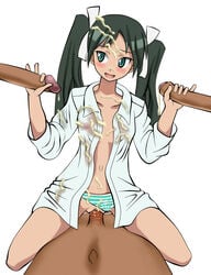 blush bow bukkake clitoris cum cum_on_clothes cute_fang dark_hair facial female flat_chest francesca_lucchini gangbang girl_on_top green_eyes handjob highres male multiple_penises nipple open_clothes open_shirt panties penis pussy sex shirt straight strike_witches tied_hair twintails