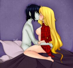 adventure_time bed black_hair blonde_hair bottomless breasts fionna_the_human_girl grey_skin kissing long_hair marshall_lee nipples open_clothes open_shirt pointy_ears puberty pubic_hair sideboob sitting vampire