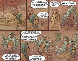 color comic costume female female_only green_hair greir group human humor long_hair oglaf open_eyes open_mouth penetration pink_hair straight strap-on tongue yuri