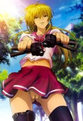 beretta_93r blonde_hair cal_devens dual_wielding gangsta_hold green_eyes gun handgun highres long_hair megami midriff navel nipples no_panties nude_filter phantom_of_inferno photoshop pussy requiem_for_the_phantom school_uniform skindentation skirt solo sunbeam sunlight thighhighs uncensored upskirt vertical_foregrip weapon yamashita_yoshimitsu yellow_eyes