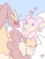 ambiguous_gender ass audino blue_eyes blush cubeychou duo fur heart inner_ear_fluff lagomorph lopunny mammal nintendo pokemon pokemon_(species) rabbit red_eyes sex smile sweat video_games