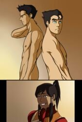 1girls 2boys avatar_legends avatar_the_last_airbender blue_eyes bolin brothers brown_hair clothing comic dark-skinned_female dark_skin embarrassed female green_eyes human korra mako male multiple_boys naked nude parcheesy puberty simple_background smile smooth_skin the_avatar the_legend_of_korra uncensored water_tribe