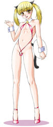 androgynous animal_ears baran_(artist) bell blonde_hair cat_ears cat_tail choker crossdressing cuffs femboy front_view high_heels little_penis male male_only penis platter sling_bikini small_penis solo standing tail tied_hair twintails