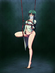 1girls arms_behind_back bondage bottomless bound_legs box_tie breast_bondage breasts face_mask fate/zero fate_(series) female frogtie gag gagged green_eyes green_hair highres long_hair milf on_one_foot peeing peeing_self pubic_hair sakuraba_tsukasa solo suspension tohsaka_aoi uncensored yellow_eyes