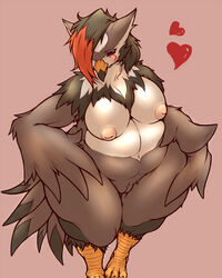 340m/sec anthro anthrofied avian beak big_breasts big_thighs blush breasts chubby female fluffy furry furry_only half-closed_eyes heart looking_at_viewer nintendo nude overweight overweight_female pokémon_(species) pokemon pokemorph pussy red_eyes solo standing staraptor talons thick_thighs wide_hips wings