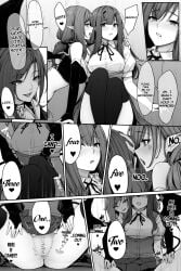 2girls about_to_pee ass breasts censored doujinshi english_text forced_spreading_legs hair hair_ornament have_to_pee kokomachi long_hair no_panties original original_character pointy_ears pussy school_uniform skirt skirt_lift speech_bubble spread_legs succubus sweat thighhighs yuri