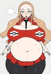 ai_generated big_belly bloated_belly chubby chubby_belly civitai human human_only light-skinned_female light_skin oleana_(pokemon) pokemon pokemon_ss sweat