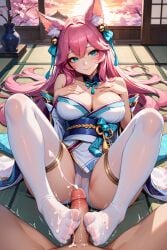 1girls ahri ai_generated blue_eyes cameltoe cum cum_on_feet cum_string ecchidreams ejaculation feet foot_fetish foot_focus footjob footwear fox fox_ears fox_girl hand_on_breast hi_res japanese_clothes kimono large_breasts league_of_legends legwear long_hair panties penis pink_hair smile spirit_blossom_ahri spirit_blossom_series stable_diffusion thighhighs vastaya wet_panties white_legwear white_thighhighs