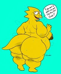 1girls alphys ass bbw big_ass big_breasts breasts brown_nipples buckteeth colored com1cald1saster female monster_girl nervous nervous_smile nude nude_female speech_bubble sweat tail undertale