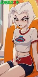 ai_generated ends34 female female_only hazbin_hotel lute_(hazbin_hotel) masturbation shorts sports_uniform