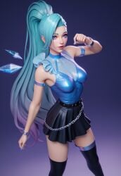 3d ai_generated big_ass blue_eyes blue_hair enji3d from_behind from_below k/da_all_out_seraphine k/da_all_out_series league_of_legends long_hair long_legs presenting_ass seraphine_(league_of_legends) skirt smile thighhighs thong