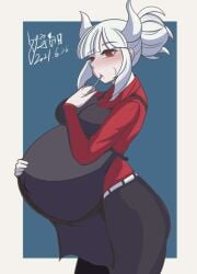 eating lucifer_(helltaker) pregnant white_hair yukinohi