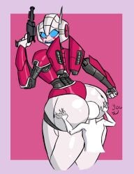 1boy 1girls arcee arcee_(bumblebee_movie) ass big_ass blue_eyes blush bumblebee_movie face_in_ass face_on_ass larger_female panties pink_panties redartist robot robot_girl robot_humanoid size_difference thick_thighs thighs transformers