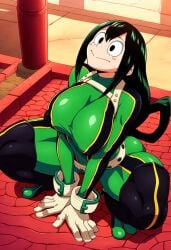 1girls ai_generated big_breasts breasts covered_nipples female froppy green_hair huge_breasts kokoyone my_hero_academia solo tsuyu_asui