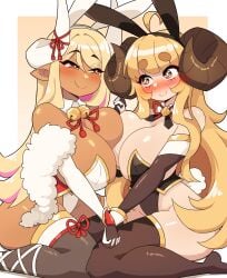 2girls amber_eyes anila_(granblue_fantasy) big_breasts blonde_hair blush breasts_to_breasts bunny_ears bunnysuit commission curved_horns dark-skinned_female dark_skin detached_collar draph draph_race_(granblue_fantasy) eyebrows_visible_through_hair female female_only granblue_fantasy hand_holding heavy_blush hi_res horns j5daigada kneeling kumbhira_(granblue_fantasy) light-skinned_female light_skin long_hair looking_at_each_other narrowed_eyes neck_bell pink_hair pointy_ears smiling smiling_at_each_other stockings two_tone_hair yellow_hair yuri