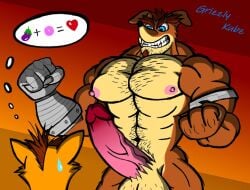 2boys activision anthro bandicoot bara beard big_muscles big_penis body_hair brothers chest_hair crash_(series) crash_bandicoot crunch_bandicoot duo eggplant facial_hair genitals grizzlykubz hairy heart huge_cock huge_muscles male male/male male_only mammal marsupial muscular muscular_anthro muscular_male nervous_sweat nipples penis pubes puffy_nipples smile smirk smirking_at_another vein veiny_penis video_games