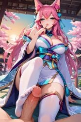 1girls ahri ai_generated aqua_eyes blue_eyes blush detached_sleeves ecchidreams feet finger_to_mouth foot_focus footjob footwear hi_res japanese_clothes kimono large_breasts league_of_legends legwear long_hair looking_down naughty_face penis pink_hair spirit_blossom_ahri spirit_blossom_series stable_diffusion thighhighs vastaya white_legwear white_thighhighs