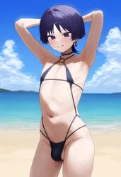 ai_generated beach bikini blackcatmeow femboy genshin_impact micro_bikini scaramouche_(genshin_impact)