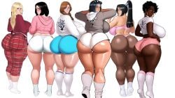 6girls ai_generated ass_focus bbw blonde_hair blue_booty_shorts brown_hair bunanza_ chocolate_and_vanilla curvy_ass curvy_figure dark-skinned_female earrings edit edited fat_ass female_only full_body grey_hoodie group high_ponytail hourglass_figure huge_ass huge_breasts light-skinned_female light_skin line lined lineup long_hair looking_at_viewer looking_back mature_female milf multiple_girls pajamas pantyhose pink_hoodie pink_shorts pixie_cut plump_ass short_hair socks t-shirt tagme thick_ass thick_hips thick_thighs underwear white_background white_socks wide_hips widescreen yoga_instructor