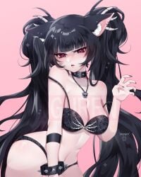 1girls animal_ears artist_name belly_button black_bra black_hair black_nails black_panties bra breasts cat_ears catgirl cleavage female female_only huge_breasts indie_virtual_youtuber light-skinned_female light_skin meguren necklace nekrolina panties pink_background red_eyes simple_background solo virtual_youtuber