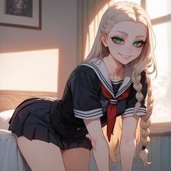 1girls ai_generated artstyle_imitation ass bedroom blonde_female blonde_hair earrings flat_chest green_eyes light-skinned_female naughty naughty_face pale-skinned_female school_uniform schoolgirl seductive seductive_look slut small_breasts straight_hair thiccwithaq_(ai_style) thick_ass thick_legs thick_lips thick_thighs thighs victoria_(xandr) whore xandr