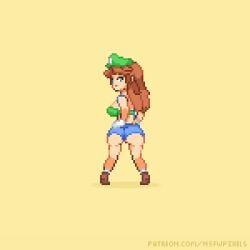 1girls animated ass bad_anatomy blue_overalls bra brown_hair clothing dat_ass female female_only gloves green_bra green_hat hat human long_hair looking_at_viewer looking_back luigi_(cosplay) mario_(series) nintendo nsfwpixels pixel_art princess_daisy solo solo_female