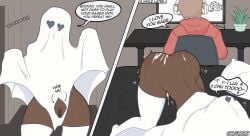 1boy 1girls cum dark_skin ghost_costume kyeki