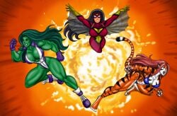 3girls black_hair brown_hair green_hair green_skin greer_nelson jennifer_walters jessica_drew johnnyharadrim marvel marvel_comics muscular muscular_female she-hulk spider-woman superhero_costume superheroine tiger tiger_girl tigra