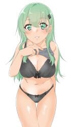 1girls aqua_eyes aqua_hair black_bra black_panties bow bow_bra bow_panties bra breasts cleavage grey_tank_top hair hair_ornament kantai_collection lifting_own_clothes long_hair looking_at_viewer maonatten navel panties simple_background solo solo_female solo_focus suzuya_(kantai_collection) tank_top tank_top_lift underwear white_background